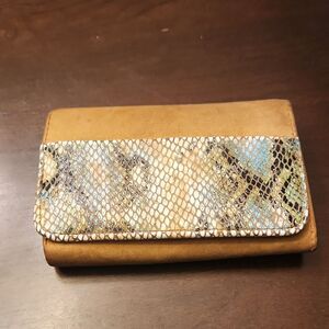 Hobo Tan Suede Wallet w/ Snakeskin-Print Detaling